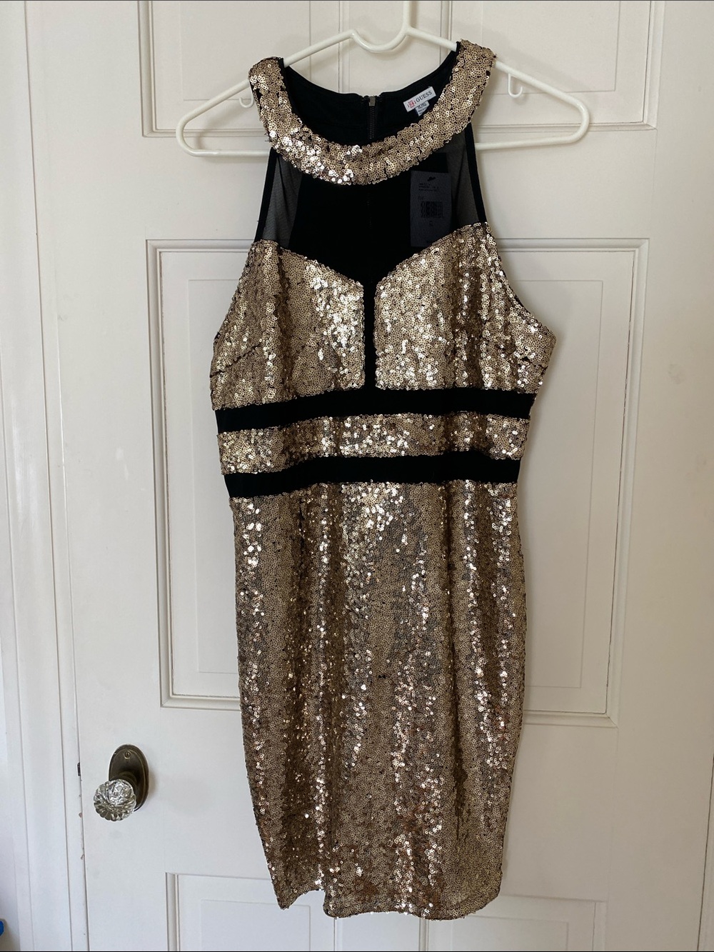 GUESS Champagne Sequin Mini Dress with Black Accents
